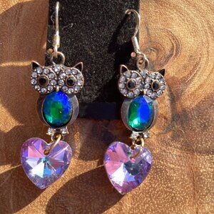 Owl Crystal Drop Earrings Handmade rhinestone heart animal creative colorful new